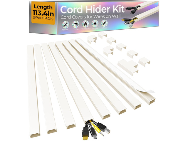 113.4in Cord Hider Kit, Cord Covers for 2-4 Wires on Wall, Self-Adhesive Cable Hider Wire Covers for Cords on Wall, Paintable Cord Hider for Walls...