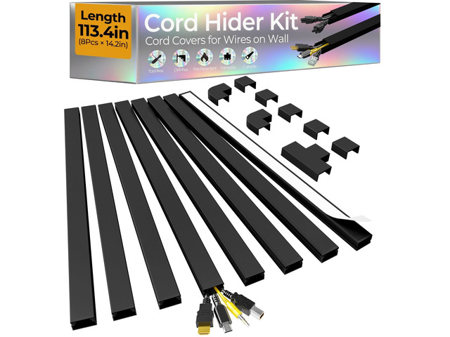113.4in Cord Hider Kit, Cord Covers for 2-4 Wires on Wall, Self-Adhesive Cable Hider Wire Covers for Cords on Wall, Easy Set-up Cord Hider for...