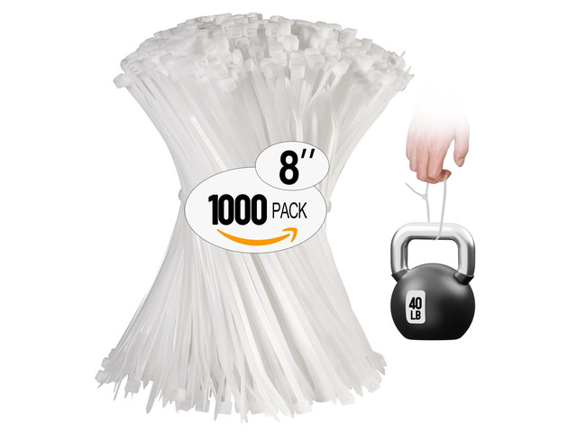 White Zip Ties 8 Inch 1000 Pack Clear Tensile Strength 40 lbs UV Resistant Industrial Cable Ties Self Locking Zipties Wire Ties Wrap Indoor Outdoor...