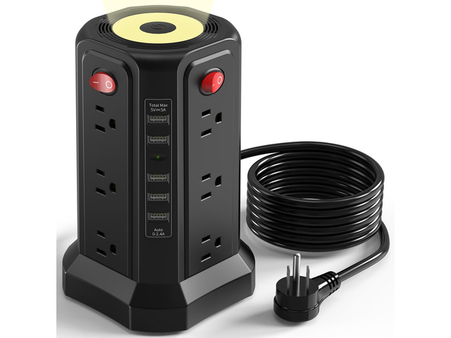 Surge Protector Power Strip with 10FT Cord 1625W 13A Power Tower with 5 USB Ports and Night Light, Outlet Tower with 12 AC Outlets Overload...