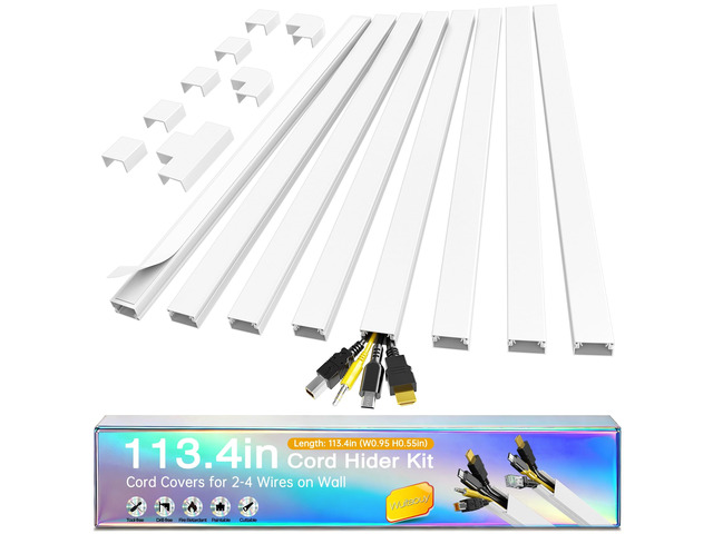 Cord Hider Kit, 113.4in Cord Covers for 2-4 Wires on Wall, Self-Adhesive Cable Hider Wire Covers for Cords on Wall, Paintable Cable Cover Raceway,...