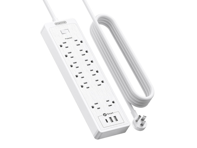 15 ft Extension Cord Flat Plug Power Strip, 2100 Joules with 12 Outlet 3 USB Port, 1875W/15A, Overload Protection, Long Cord Wall Mountable for...
