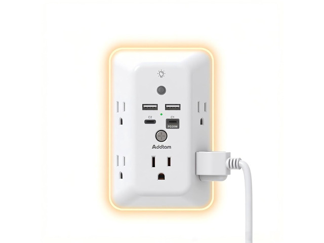 Surge Protector Outlet Extender, Plug Extension Outlet with Night Light, 5-Outlet Splitter and 4 USB Ports(PD 20W), Multi Plug Wall Outlet for Home...