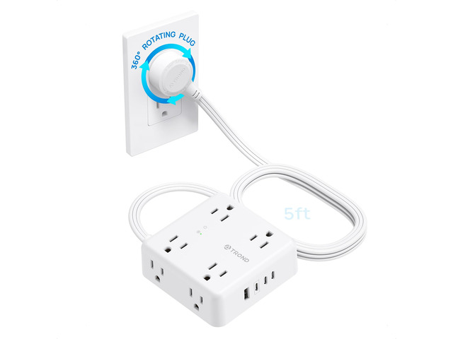 360° Rotating Flat Plug Power Strip 5ft, 8 AC & 4 USB (3C1U), White Flat Extension Cord 1625W, 1700J Surge Protector with USB Ports, Wall...