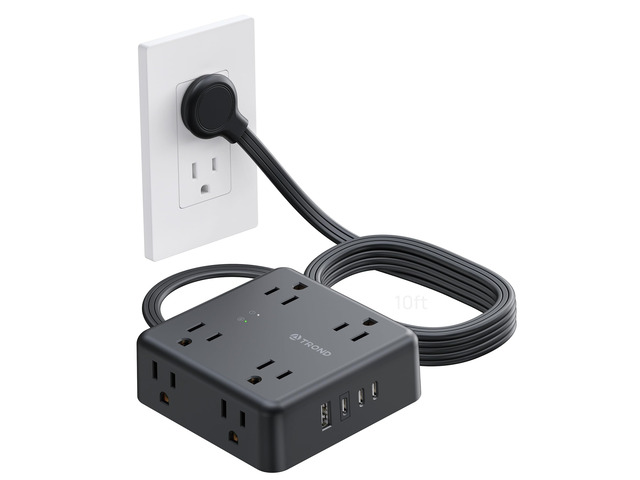 Surge Protector Power Strip, 10FT Flat Plug Extension Cord, Black 8 Outlets & 4 USB Ports(3 USB C), 1625W, 1440J, Wall Mount Outlet Extender for...