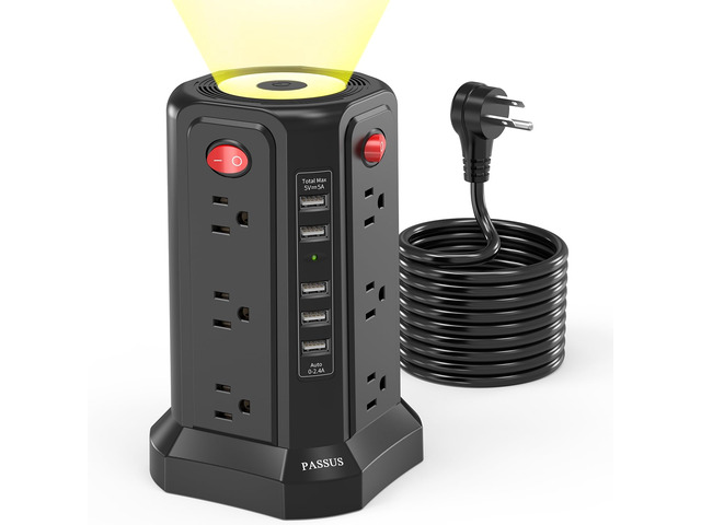 Surge Protector Power Strip Tower with 5 USB Ports Black Night Light 10FT Extension Cord with 12 AC Multiple Outlets Power Tower Overload...