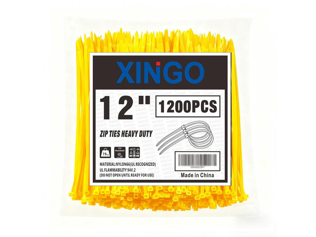 12 Inch Yellow Zip Ties 1200 PCS, 75 LBS Ultra Strong Tensile Strength, UV Resistant Cable Ties, Self-locking Plastic Ties for Indoor and Outdoor Use