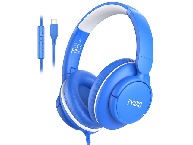 USB C Wired Over Ear Headphones for School with Mic, Volume Control, Blue Lightweight Foldable Corded Headphone for Teens Classroom Travel...