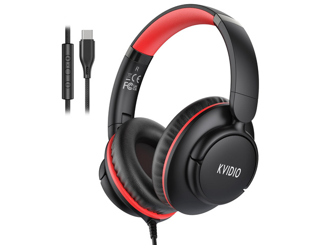 USB C Wired Headphones for School with Mic, Volume Control, Black Red Over Ear Foldable Corded Headphone for Teens Classroom Travel Airplane, 4.9ft...