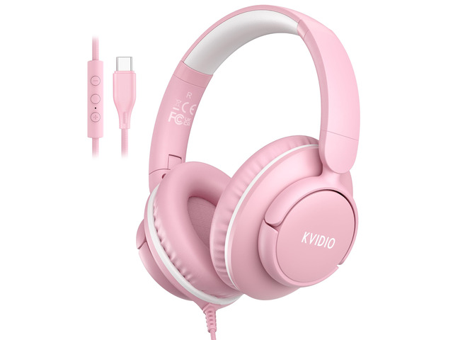 USB C Wired Over Ear Headphones for School with Mic, Volume Control, Pink Lightweight Foldable Corded Headphone for Teens Classroom Travel...