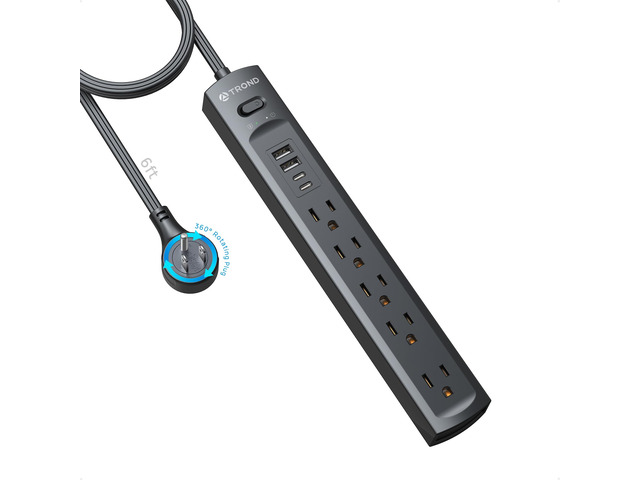 360° Rotating Flat Plug Surge Protector Power Strip, Black 2 USB C and 2 USB A, 5 Widely Spaced Outlets, 1440J Surge Protection, Wall Mountable,...