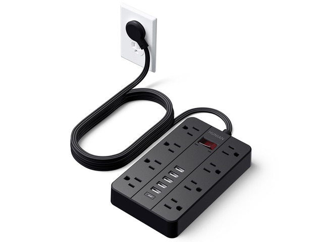 Power Strip 10Ft, Flat Plug Extension Cord with Multiple Outlets 8 Widely Spaced Outlets 6 USB (1 USB C Port), Wall Mount Charging Station for Home...