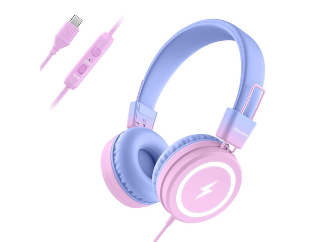 Kids Headphones with LED Lights, USB Type C Headphones for School 85/94dB Volume Limit, On Ear Headphones with Microphone, Wired Foldable, Stereo...