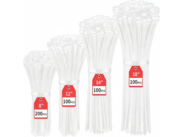 500 Pack White Zip Ties Assorted Sizes 8'+12'+14'+18' 220 LBS Zip Ties Heavy Duty, Strong Cable Ties, Clear Zip Ties, Wire Ties, Big Zip Ties for...