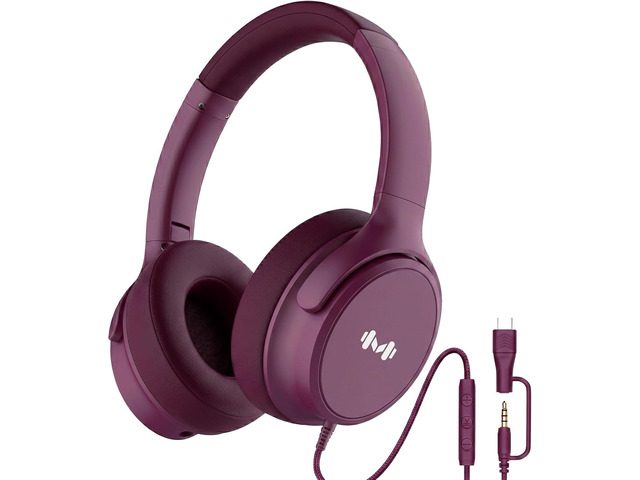 Wired Over-Ear Headphones, Mic, 3.5mm Plug, USB-C Adapter, Red Foldable, adjustable headphones with soft cushions, inline mic, 3.5mm plug, and...
