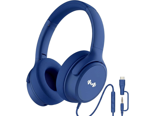 Wired Over-Ear Headphones, Mic, 3.5mm, USB-C Adapter, Dark Blue Foldable, adjustable headphones with soft cushions, inline mic, 3.5mm plug, and...