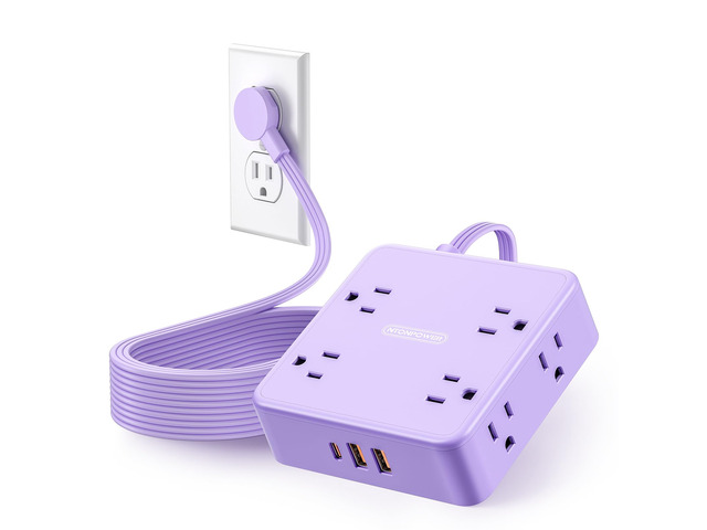 5 FT Purple Extension Cord, Short Power Strip with 8 Outlets 3 USB Ports, 3 Prong, Wall Mount Flat Plug Outlet Extender for Home Office, WideCube