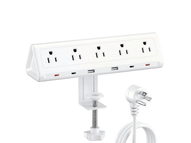 Desk Clamp Power Strip USBC, 40W Fast Charging, 10 Ft, White Detachable Clamp,5 AC & 6 USB(4C,2A),Flat Plug Extension Cord,Desk Organizer for...
