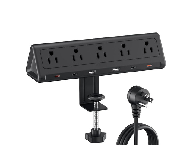 Desk Clamp Power Strip USBC, 40W Fast Charging, 10 Ft, Black Detachable Clamp,5 AC & 6 USB(4C,2A),Flat Plug Extension Cord,Desk Organizer for...