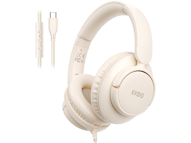 USB C Wired Over Ear Headphones for School with Mic, Volume Control, Beige Lightweight Foldable Corded Headphone for Teens Classroom Travel...
