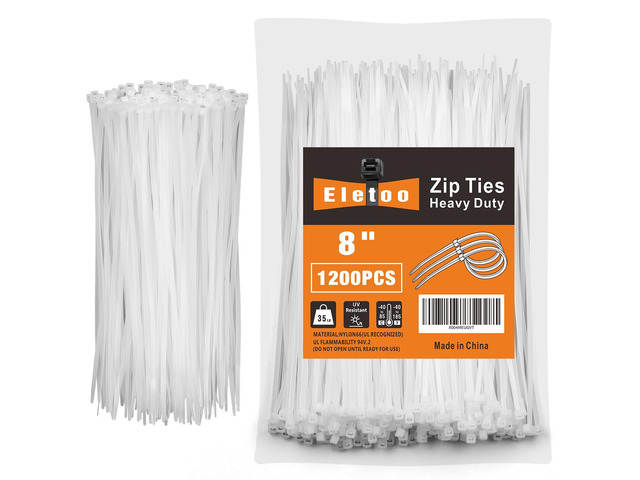 8 Inch White Zip Ties 1200 Pack Cable Ties 35 LBS UV Resistant Cable Ties, Weatherproof, Self-Locking for Indoor and Outdoor