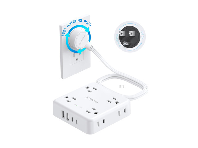 360° Rotating Flat Plug Power Strip 3ft, 8 AC & 4 USB (2U2C), White Flat Extension Cord 1625W, 1440J Surge Protector with USB Ports, Wall...