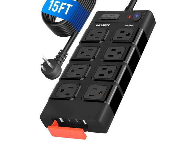 Outdoor Power Strip Waterproof IPX6, Outlet Extender, 8 AC+4USB 15FT Extension Cord with Surge Protector, 1625W/13A, Wall-Mountable, Ideal for Home...