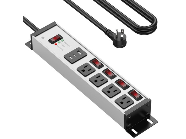 Heavy Duty Surge Protector, 12 Gauge, USB Ports. Grey, 15FT, 1 20 Amp Individual Switches, Outdoor Extension Cord, Wall Flat Plug Extender,...
