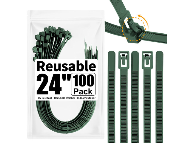 100 Pack Reusable Zip Ties 24 Inch Extra Long Cable Ties Dark Green Reusable Trigger Release / Industrial Nylon / UV Resistant / Non-Slip...