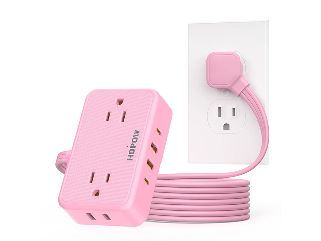 Pink Extension Cord, 6 FT Flat Plug Power Strip, 4AC & 2A2C, 1625W/13A Pink Power Strip, 0.33in Ultra Thin Plug, 1.62in Wide Spaced, No Surge...