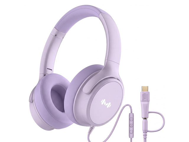 Wired Over-Ear Headphones, Mic, 3.5mm Plug, USB-C Adapter, Purple Foldable, adjustable headphones with soft cushions, inline mic, 3.5mm plug, and...