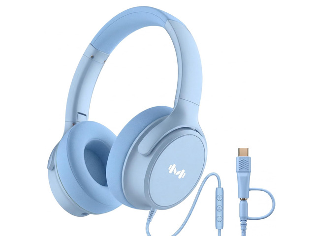 Wired Over-Ear Headphones, Mic, 3.5mm Plug, USB-C Adapter, Blue Foldable, adjustable headphones with soft cushions, inline mic, 3.5mm plug, and...