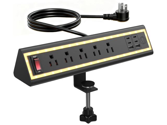 Desk Clamp Power Strip with Nightlight, 40W Fast Charging, 10FT Extension Cord, 4x20W USB-C & 2 USB Ports, 5 AC Outlets, Fits 1.69-Inch Table Edges