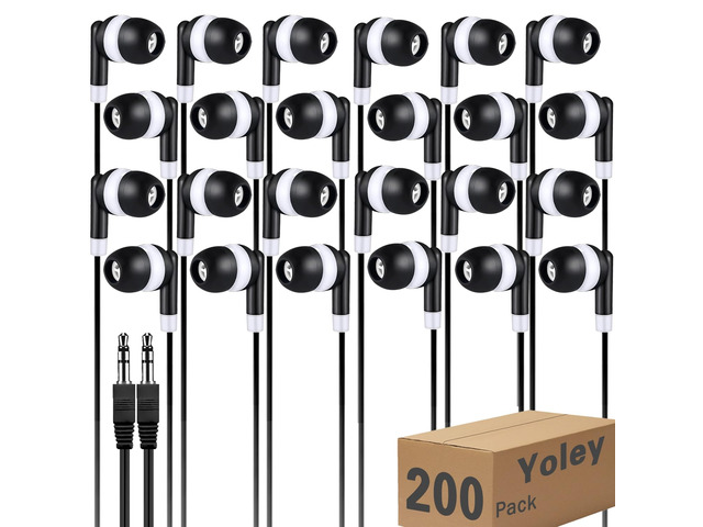 200 Packs Classroom Earbuds Bulk Headphones for Kids School Students Children, Wholesale Class Set Durable Earphones, Individually Bagged (200 Black)