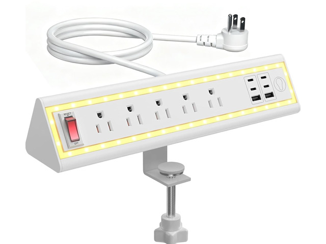 Desk Clamp Power Strip with Nightlight, 40W Fast Charging, 10FT Extension Cord, 4x20W USB-C & 2 USB Ports, 5 AC Outlets, Fits 1.69-Inch Table Edges