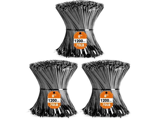 Zip Ties, 1200pcs Black Cable Zip Ties 8 Inch, Heavy Duty Plastic Wire Ties with 70lb Tensile Strength, Self-Locking Black Nylon Tie Wraps for...