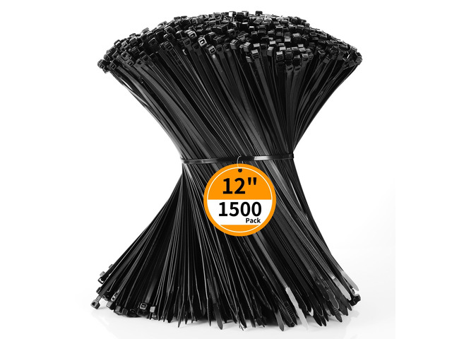 Cable Zip Ties 12 inch 1500 Pack Plastic Black Zip Ties 50lbs Zipties Heavy Duty Zip Ties for Outdoor and Indoor Multi-Purpose Cable Ties...