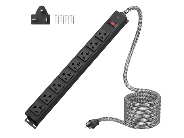 20Amp Power Strip Heavy Duty, Long Metal 8-Outlets, Black, 15FT 1200J 20a Surge Protector, Wall Mount Extension Cord for Industrial, 5-20P T-Plug &...