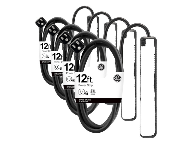 6 Outlet Power Strip,12 Ft Long Extension Cord,3 Prong Outlets,UL Listed,Black,45192,(Pack of 4)