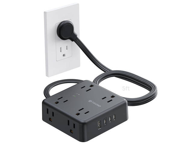 Surge Protector Power Strip, 5FT Flat Plug Extension Cord, Black 8 Outlets & 4 USB Ports(3 USB C), 1625W, 1440J, Wall Mount Outlet Extender for...