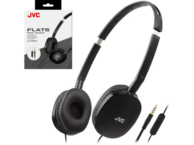 Flats Foldable Colorful Flats On Ear Headphones with Remote and Microphone, 3.94 Foot Gold Plated 3.5mm Slim Plug - HAS160MA, Adjustable - Black