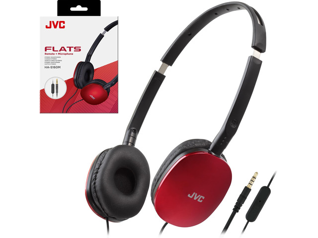 Flats Foldable Colorful Flats On Ear Headphones with Remote and Microphone, 3.94 Foot Gold Plated 3.5mm Slim Plug - HAS160MA, Adjustable - Red