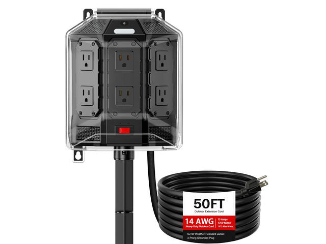 Outdoor Power Stake Waterproof with 50FT Cord and Full Cover Outdoor power strip weatherproof hub with 6 grounded outlets, overload protection,...