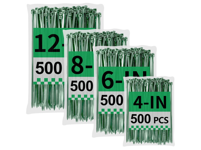 Green Zip Ties Assorted Sizes (4'+6'+8'+12'), 2000 Pack, Cable Ties UV Resistant for Garden, Plants, Fence, Holiday Lights