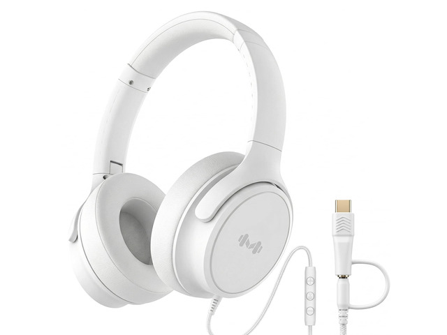 Wired Over-Ear Headphones, Mic, 3.5mm Plug, USB-C Adapter, White Foldable, adjustable headphones with soft cushions, inline mic, 3.5mm plug, and...