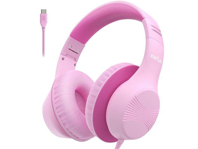 K3 Kids Headphones, USB Type C Wired Headphones for Kids/School Pink HD Stereo Sound, Comfortable Fit, 40mm Driver, Volume Limit, Foldable Over Ear...
