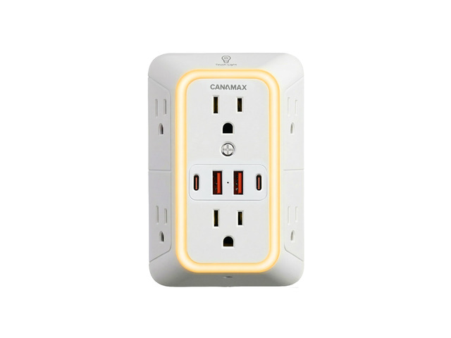 Wall Outlet Extender Night Light with 6 Outlets 4 USB Ports (5V, 2.4A,12W) 3-Sided Power Strip with Adapter Spaced Outlets, 1050J Multi Plug Outlet...