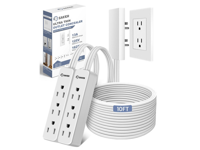 Dual 10ft Flat Extension Cord Outlet Cover, 3 Outlets, White Dual 10ft Flat Extension Cords, Universal Outlet Concealer Design, Low-Profile Flat...