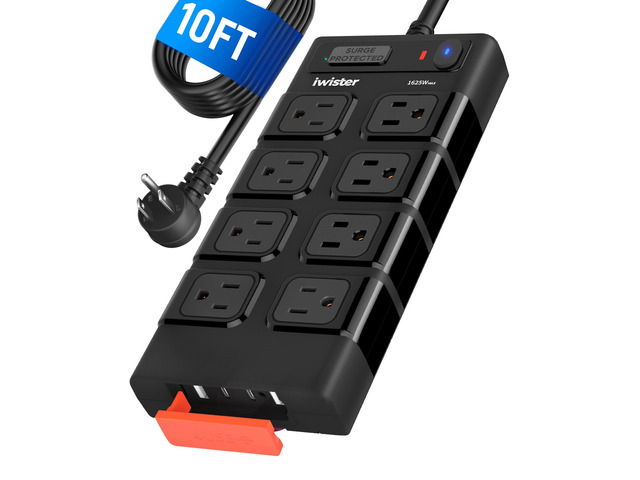 Outdoor Power Strip Waterproof IPX6, Outlet Extender, 8 AC+4USB 10FT Extension Cord with Surge Protector, 1625W/13A, Wall-Mountable, Ideal for Home...