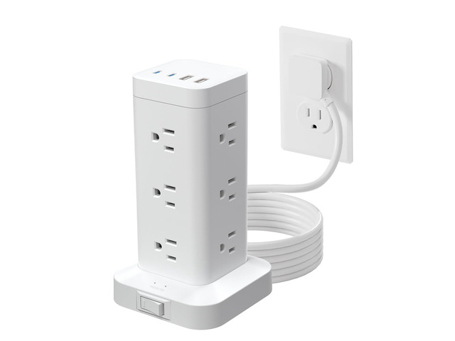 Tower Power Strip with PD 30W Fast-Charging Port, 12 Outlets, 4 USB Ports (2 USB-C), 1800J Surge Protector, Charging Station for Multiple...